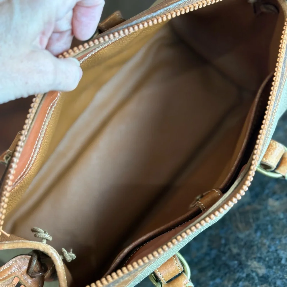 Vintage Dooney & Bourke Olive Green and Brown Leather Satchel with Brass Accents